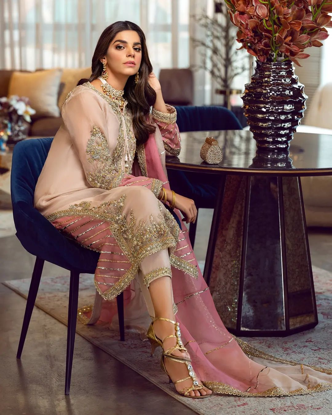 Sara Rohail Asghar SRA Organza Embroidered Hand Emblishment Collection PEACH NOUVEAU Pehnawa